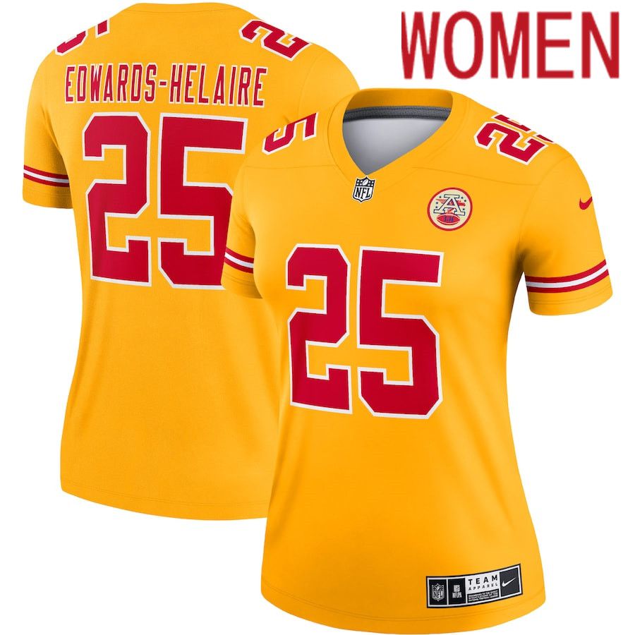 Women Kansas City Chiefs 25 Clyde Edwards-Helaire Nike Gold Inverted Legend NFL Jersey